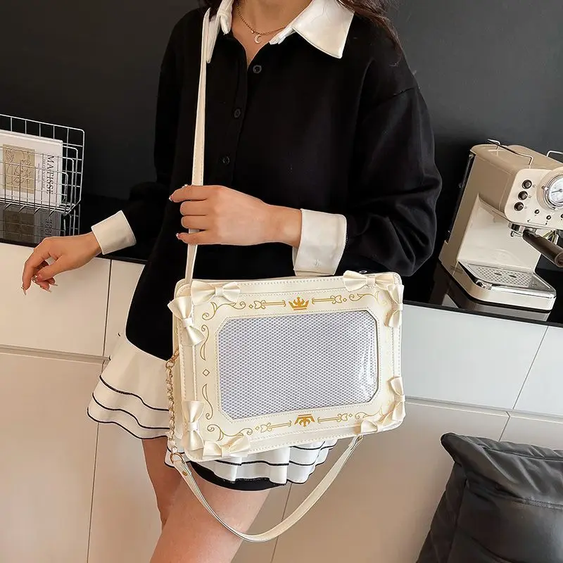Y2k Lolita Itabag Girl Transparent Pocket Harajuku Pain Handbag Chain Japanese Shoulder Bag PU Crossbody Bag Women