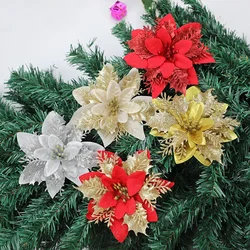 Glitter Artifical Christmas Flowers Christmas Tree Decorations for Home Fake Flowers Xmas Ornaments New Year Decor Home Decor