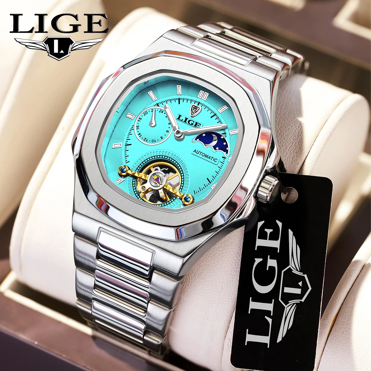 

LIGE New Outdoor Sport Men's Mechanical Wristwatches Fashion Moon Phase Watch Men Waterproof Tourbillon Automatic Watch For Men