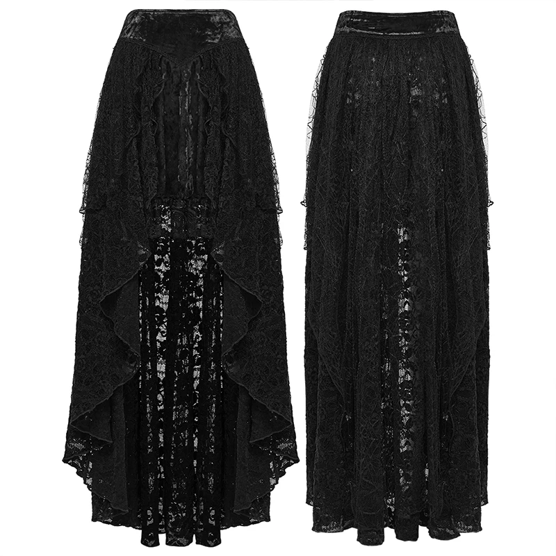 PUNK RAVE Women's Gothic Beauty 3D Lace High-low Design Tie-dyed Velvet Skirt Sexy Pleated Half Skirts Two Colors Women Clothing