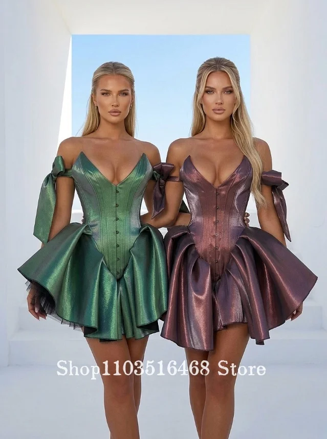 

Customized Metallic Satin Mini Prom Dress Birthday Party Dress Off-the-Shoulder Corset Homecoming Dress Wedding Party Dress 2026