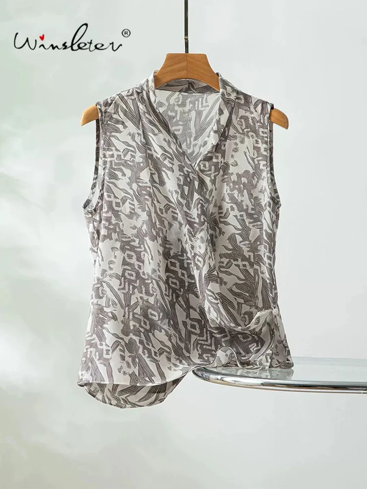 Winsleter-100%Real Silk Double Crepe Elegant Vest, V Neck Print, Women French Vacation Commute Loose Vest, 2026 Autumn T69135CC