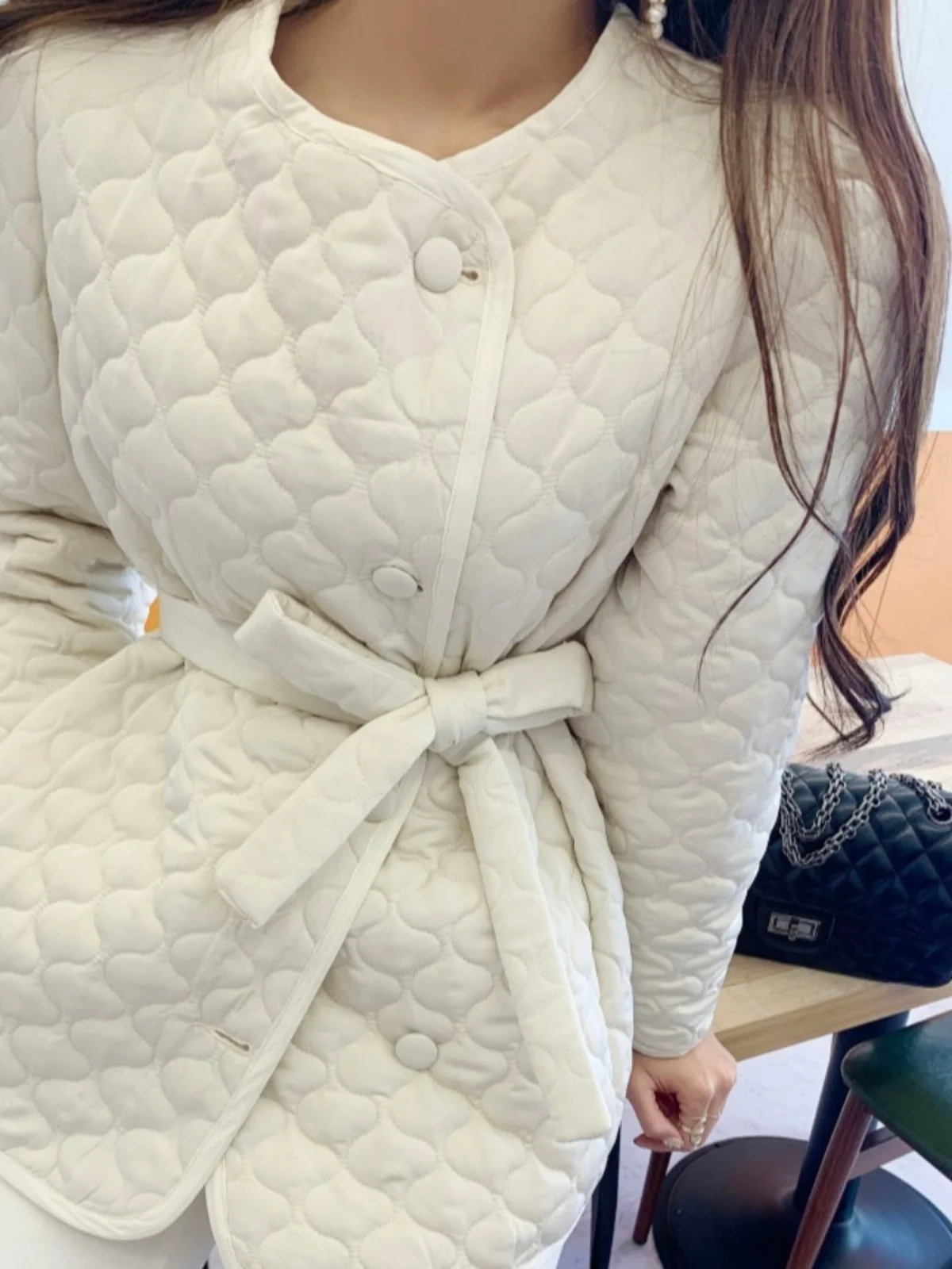 

Korean Sle Retro round Ne Cotton Jaet Women's Faion Single Button Waist Cinching Design Sense Cotton Outerwear