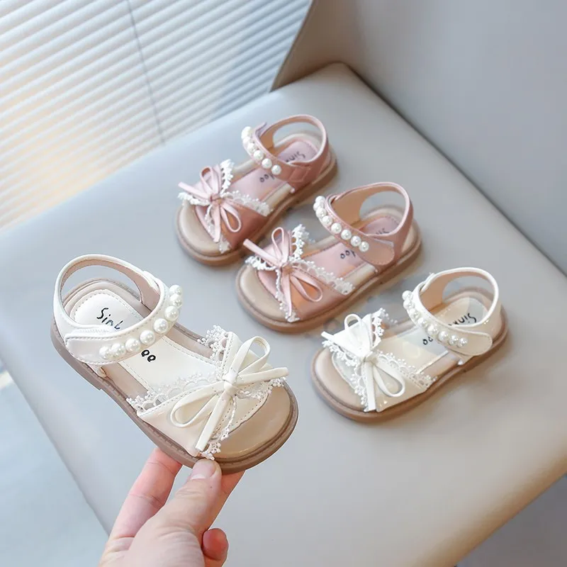 

Solid Colors Anti-slip Chic Daily Children Shoe Summer Girl's Princess Shoes Lace Bowtie Open Toe Pearl Sweet Kid's Flat Shoe