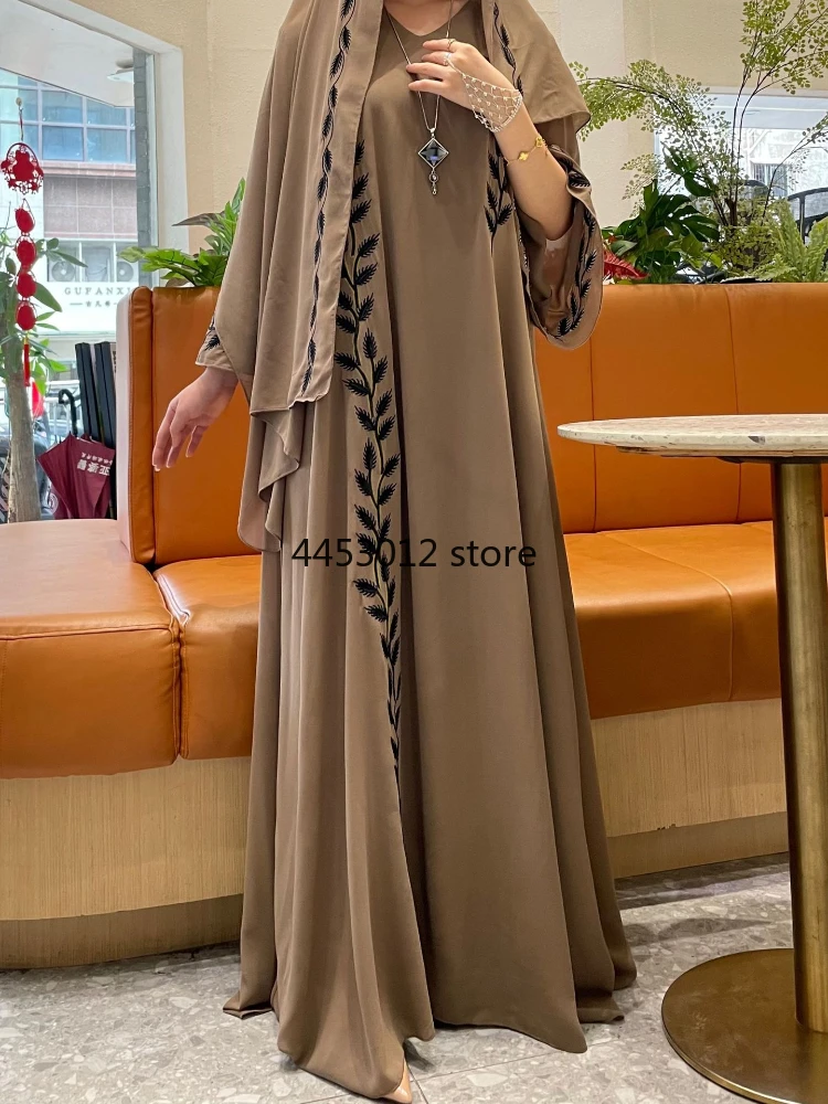 Robe longue brodée avec écharpe pour femme, abaya musulmane, Eid, Dubaï, arabe, Maroc, Kaftan, écharpe de sauna, magnifique, ensemble de 2 pièces