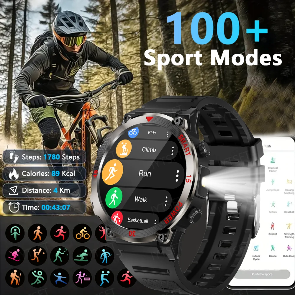 LAXASFIT New Smart Watch Men's Outdoor Sports LED Flashlight  Bluetooth Calling Voice Assistant Health Monitoring Smartwatch