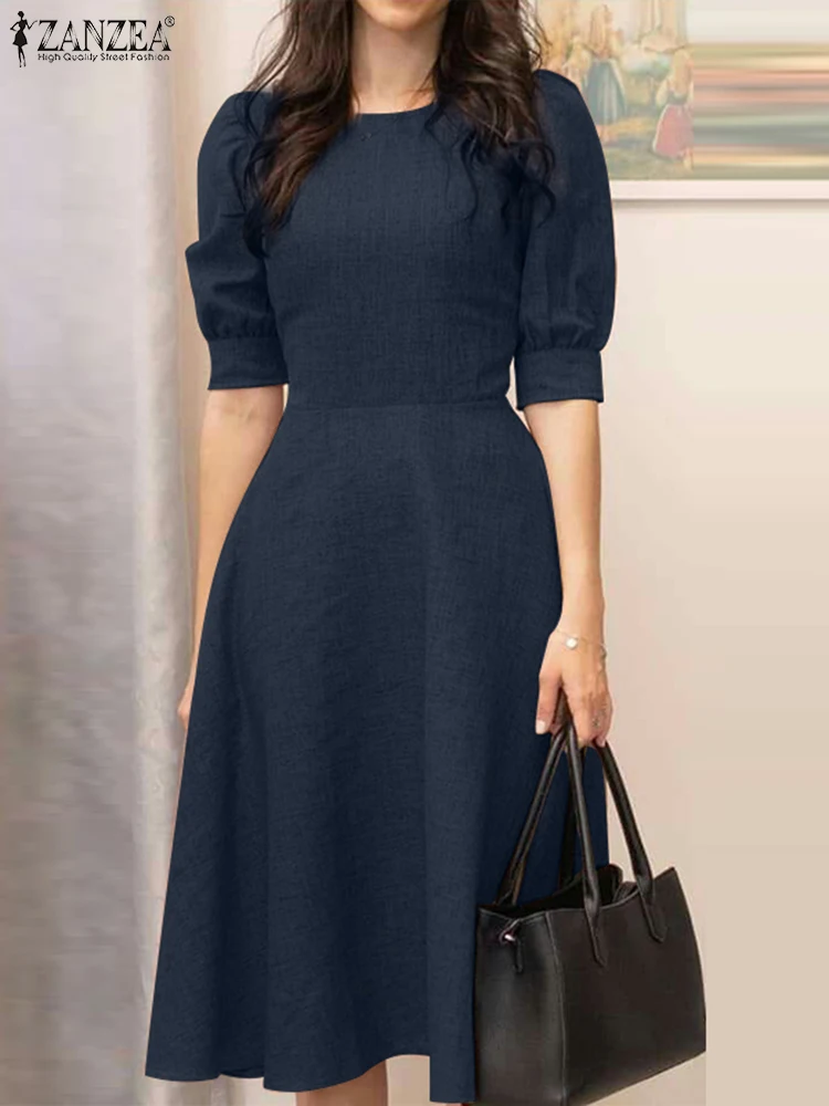 ZANZEA elegancka damska sukienka do pracy w biurze letnia sukienka letnia z półrękawem stylowa szczupła linia A Vestidos solidna szata do kolan Femme