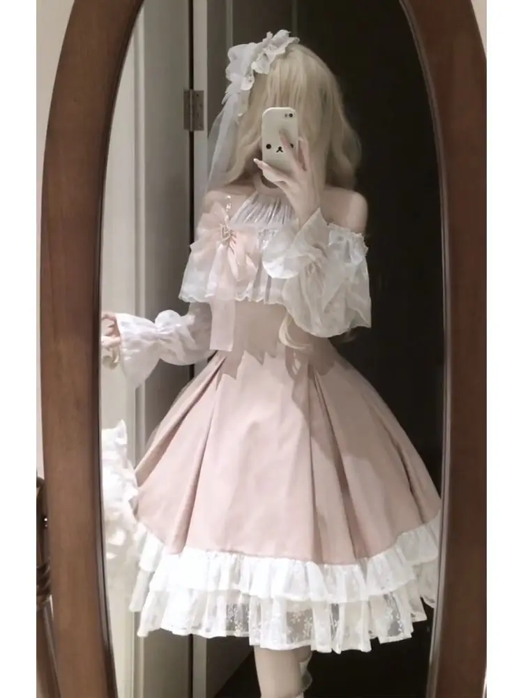 Autunno Inverno Nuovi abiti lunghi eleganti Donna Stile francese Dolce abito da principessa a maniche lunghe Abiti dal design chic estetico rosa