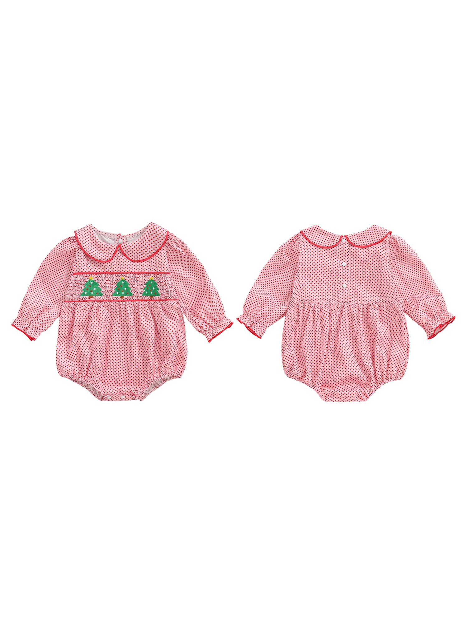 

Праздничный комбинезон для маленьких девочек с узором в горошек, праздничной вышивкой в виде дерева и длинными рукавами — очаровательный комбинезон с кукольным воротником