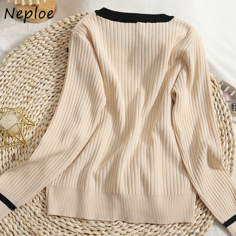 Neploe Chic Contrast Color Peter Pan Collar Sweaters Women Slim Knit Pullover Tops Mujer 2024 New Long Sleeve Bottoming Shirts