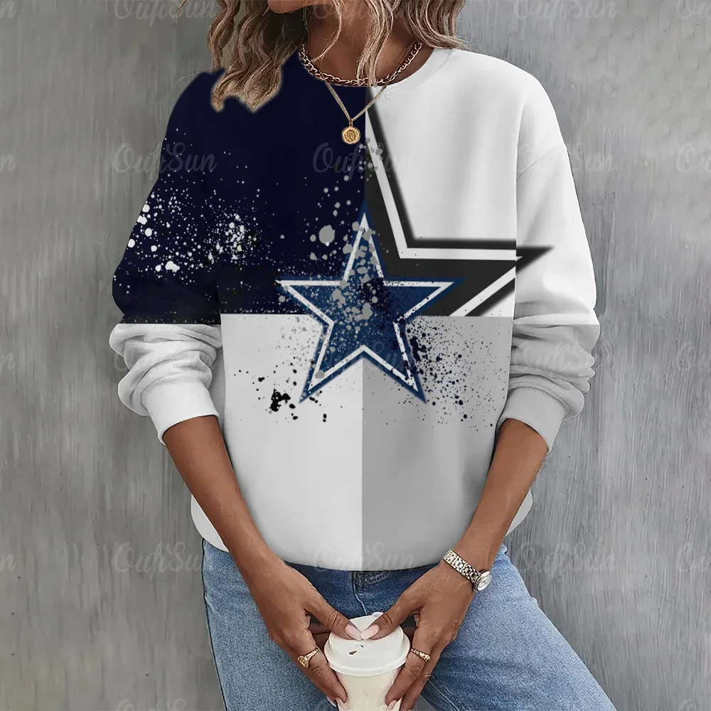 Star Print O-Neck Casual Sweatshirt Women Hoodies Long Sleeve Game Day American Football Graphic Sweatshirts Oversized Tops