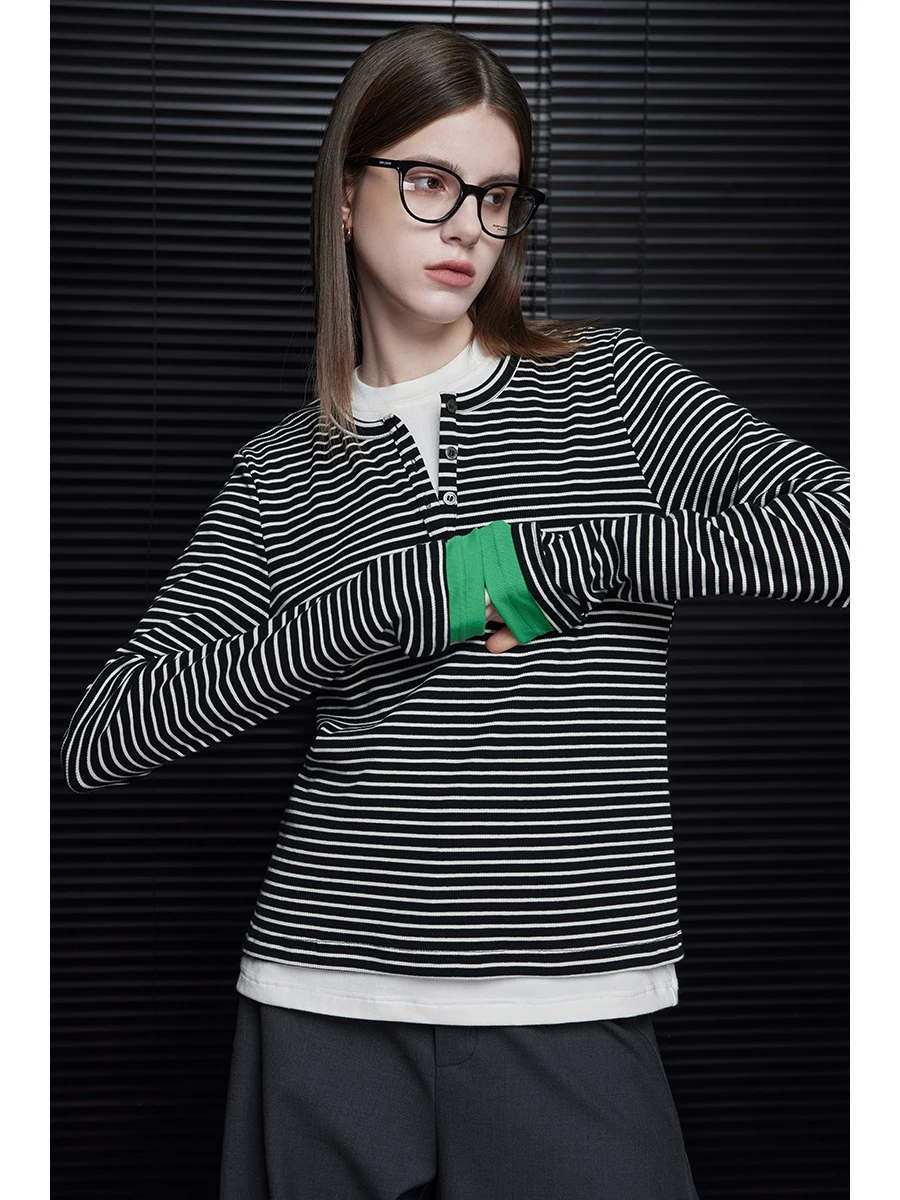 

Женская хлопковая футболка Ele Striped Base irt Long Sve round Ne Straight Cut Faionable Street Sle, осенняя новинка Arr...