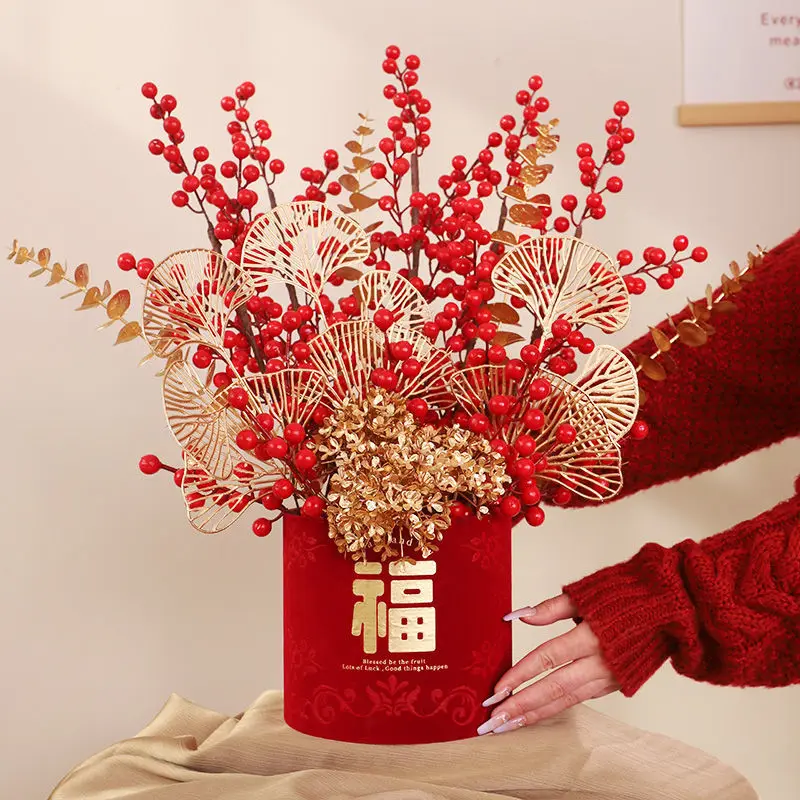 Simulation Red Fruit Metal Futong Vase Ornaments Home Livingroom Desk Furnishing Crafts New Year Wedding Accessories Decoration