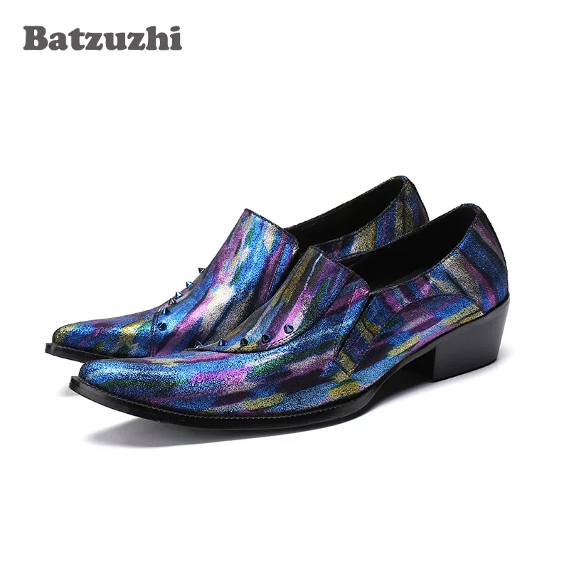 

Batzuzhi New Handsome Mens Shoes Pointed Toe Blue Muti Color Business Dress Shoes Flats Rivets Party Runway Shoes Men, US12