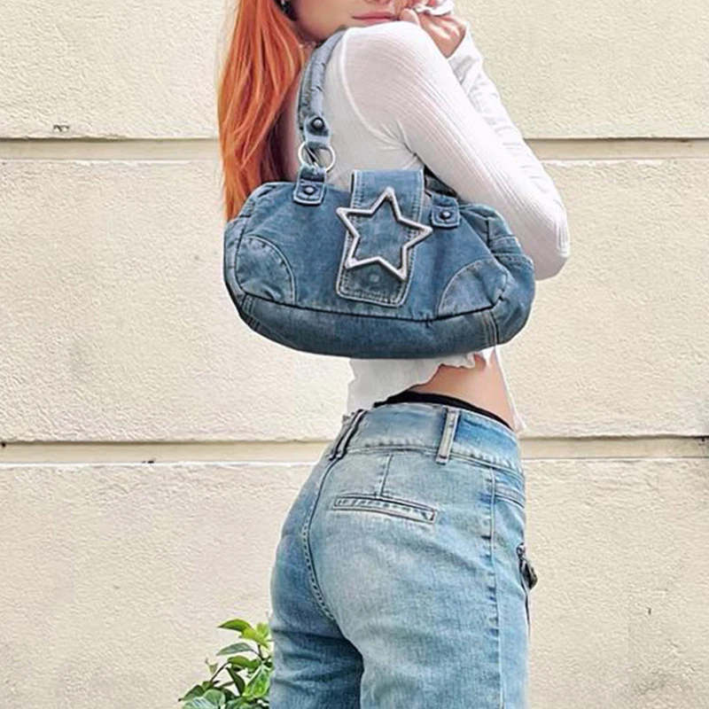 New Denim Metal Star Square Underarm Bag Exquisite Y2k Large Capacity Lady Personality Vintage Denim High Quality Shoulder Bag