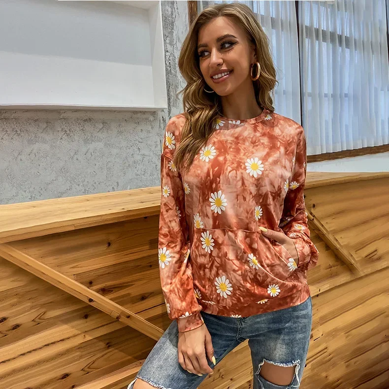 

Женская повседневная футболка с 3D принтом и цветочным принтом, круглый вырез, элегантный ретро-свитшот с длинными рукавами, модный пуловер, толстовка с длинными рукавами
