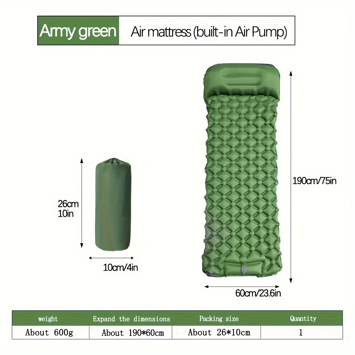 

Outdoor Camping Inflatable Air Matterss Built In Pump Sleeping Pads With Pillow Backpack Camp Bed For Hiking Beach 190x60x5CM