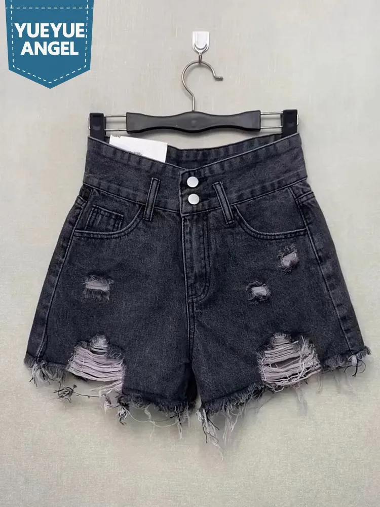 Sommer Straße sexy Hot pants Design Loch zerrissen Frauen Denim Shorts Mode einreihige hohe Taille Mini Jeans weibliche Shorts