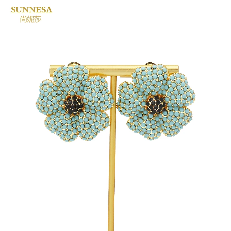 SUNNESA Luxury Rhinestone Dubai Jewelry Set for Women Green Flower Pendant Necklace African Clip Earrings Bracelet Rings Sets