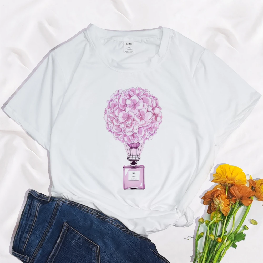 Perfume Flower Balloon Ice Cream Print Goth Clothing Women TShirt Aesthetics Graphic White Short Sleeve Polyester Women's TShirt