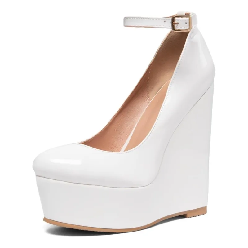 Handmade Women White Patent Platform Wedge Pump for Wedding With Ankle Strap Buckle, Round Toe