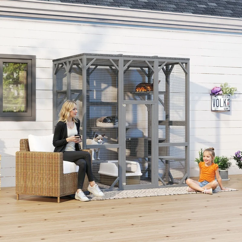 

71" Outdoor Cat Enclosure with Waterproof Roof, 3-Tier Multi-Platform Design for Patio or Yard