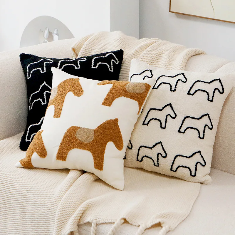 Cute Horse Pillow Case for Kids Nordic Minimalist Cushion Cover for Sofa Bed Living Room Luxury Home & Airbnb Decor