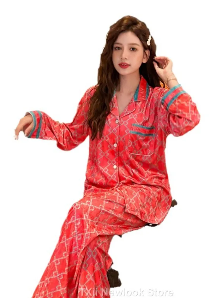 TXii New Designer Style Autumn and Winter New Gold Velvet Pajamas Women\'s Suit Trousers Home Clothes High-end Sense Home Clothes