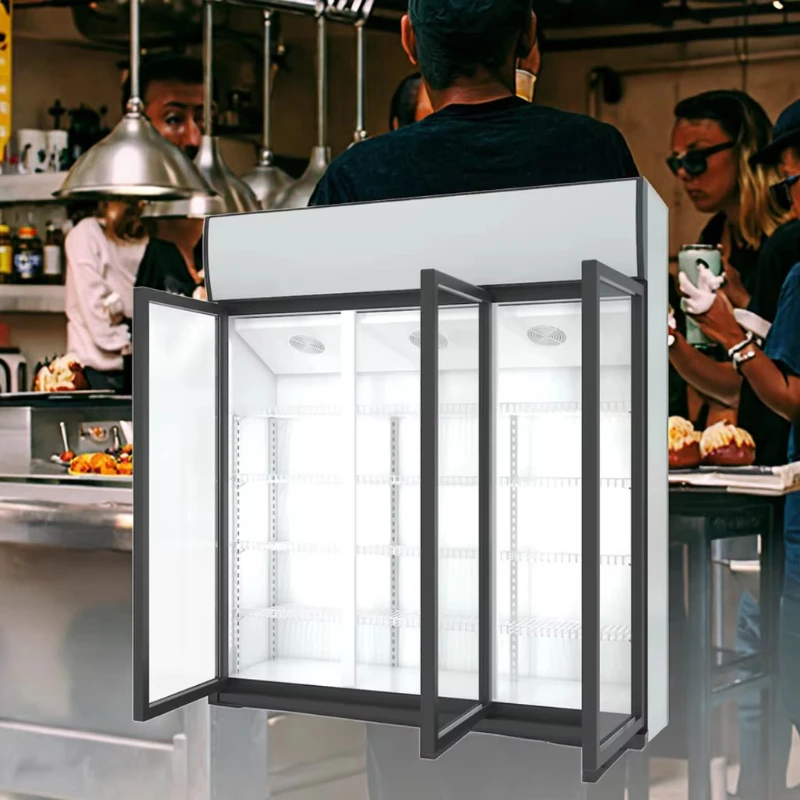 

Commercial Vertical Refrigerator Beverage Display Cabinet Display 1300 Liters Fan Cooling 3 Glass Adjustable