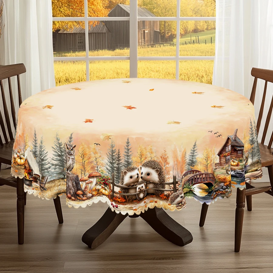 1 Piece of Autumn Thanksgiving and Autumn Harvest Festival Themed Printed Tablecloth, Vintage Country Farmhouse Style, Autumn Forest, Hedgehog Animal Pattern Design, Suitable for Holiday Gatherings, Camping Picnics, Garden Bbqs, Birthday Party Decorations, Kitchen Accessories, Tablecloth for Indoor and Outdoor Use in Restaurants and Patios, Perfect Gift for Friends, Round and Rectangular Tablecloths, Available in Various Sizes