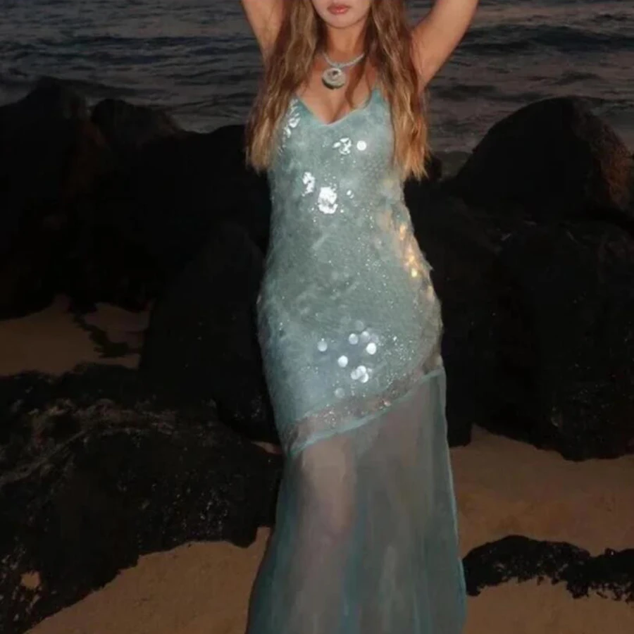 Shiny Sequins Hollowed Out Sleeveless Party Dress Beach O Neck Pleated Women's Long Dress New Sexy Mermaid Solid Camisole Dress