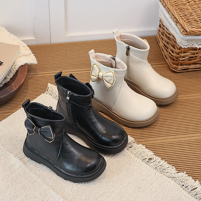 Kid's Shoes Girls' Korean Style Butterfly Bowknot Short Boots 2026 Velvet Lined Warm Thick Bottom Simple Children's Shoes 26-36