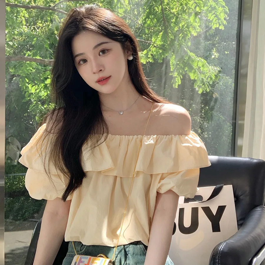 

Short sleeved spicy girl shirt women's 2025 summer outfit Korean chiffon one shoulder short top women's clothing