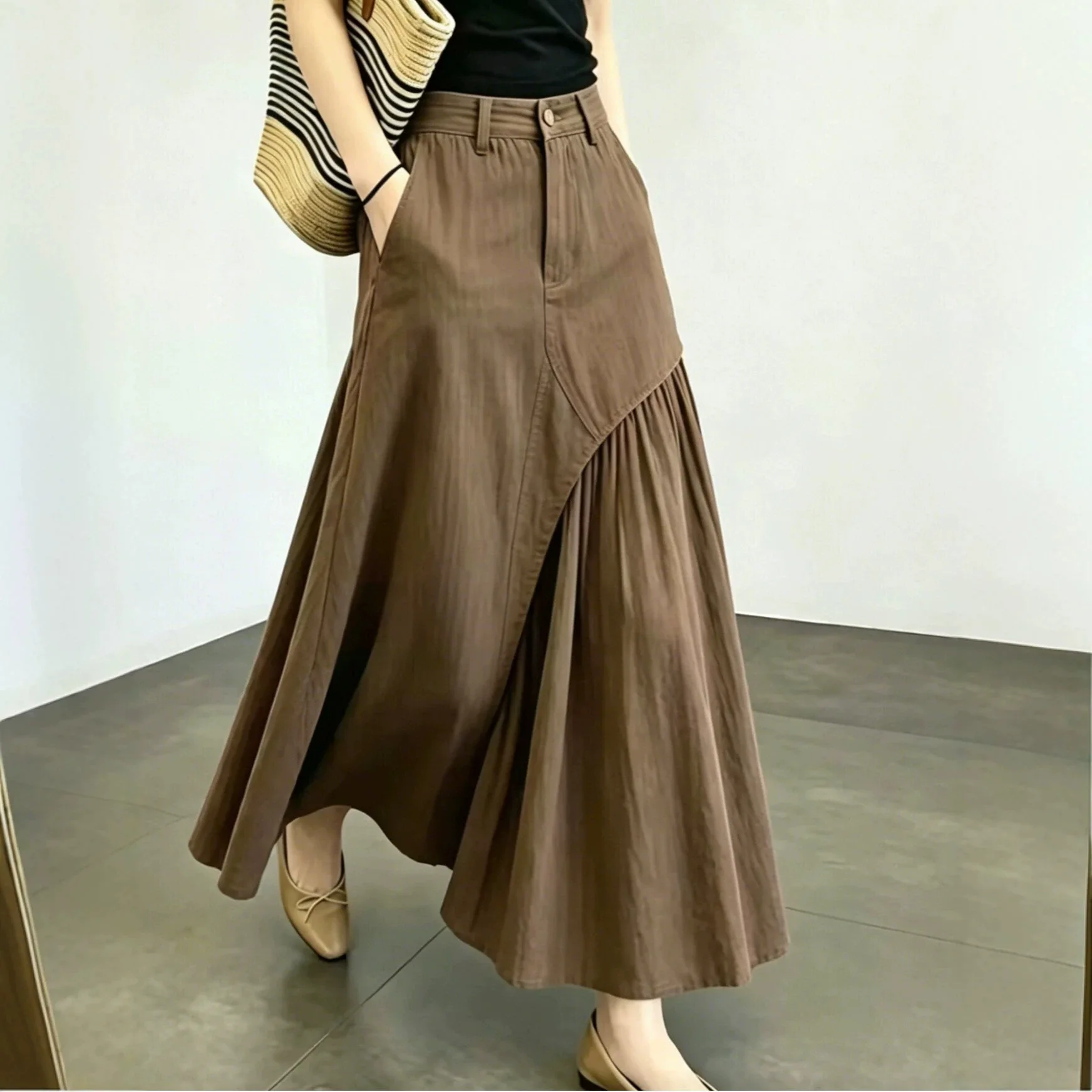 Women Coffee Brown Irregular Spliced Midi Skirt High Waist Wrap Pleated A Line Long Skirt Pockets Vintage Commuter Casual Bottom