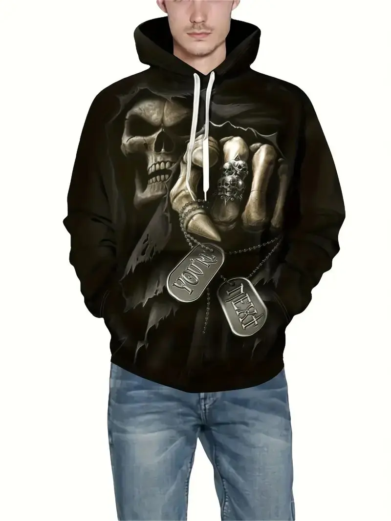 3D Grim Reaper / Skeleton Ghost Print Hoodie, Men's Casual Hooded Sweatshirt With Kangaroo Pocket Streetwear For Winter Fall,