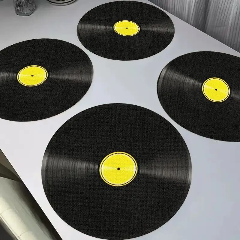 VIKAMA Retro Vinyl Record Circular Linen Placemat Heat-Insulating, Washable Wear-Resistant Dining Table Mat Dining Table Decor