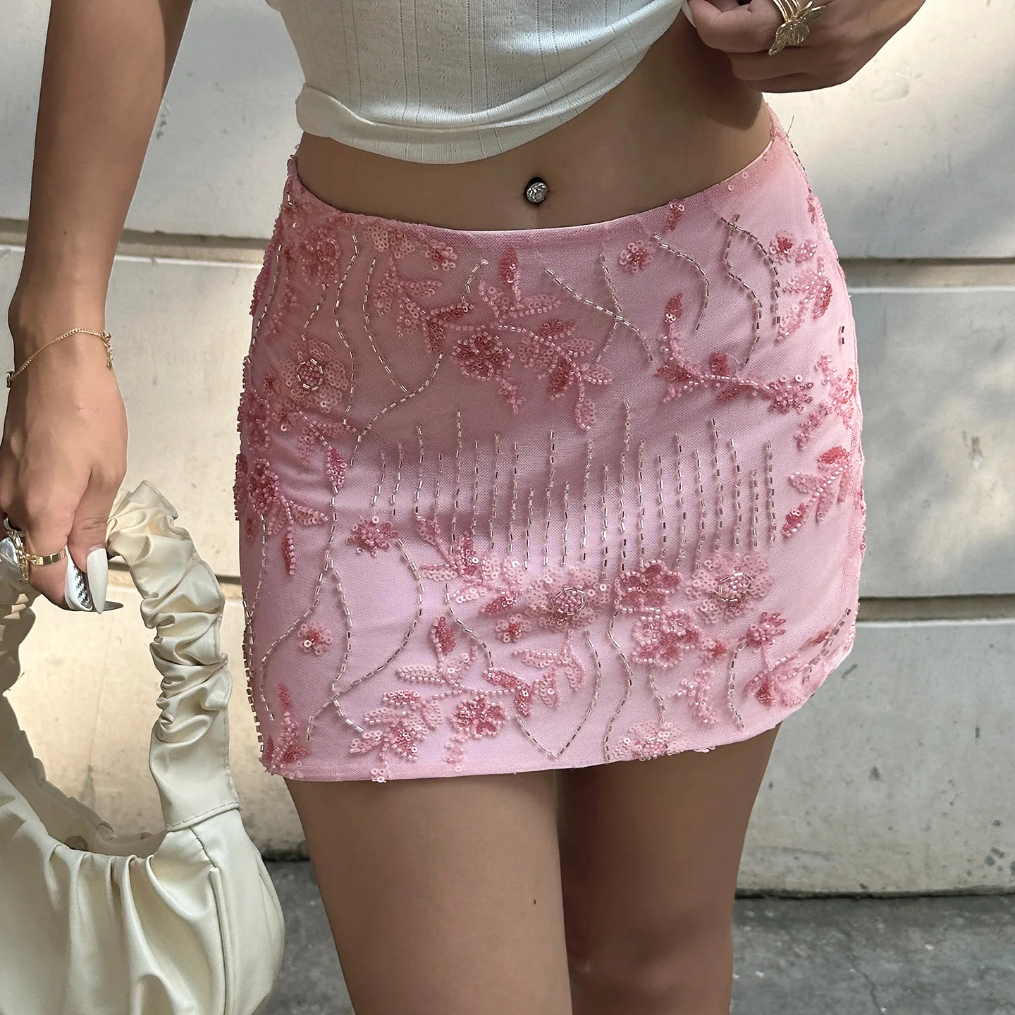 

Европа и США, новая допаминовая розовая сумка с блестками и строчкой, юбка на бедрах, горячая девушка, ва ва ва voom, тонкая верхняя юбка с низкой талией.