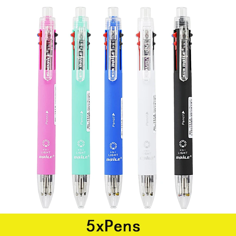 5Pcs Multi-Functional 6 in 1 Pen 5 colors 0.7 mm Ballpoint Pen and Mechanical Pencil