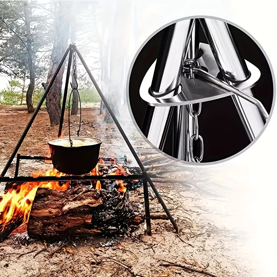 Portable Outdoor Barbecue Tripod Hanging Rack Detachable Camping Campfire Grill Pot Triangle Stand Set Cooking Accessories