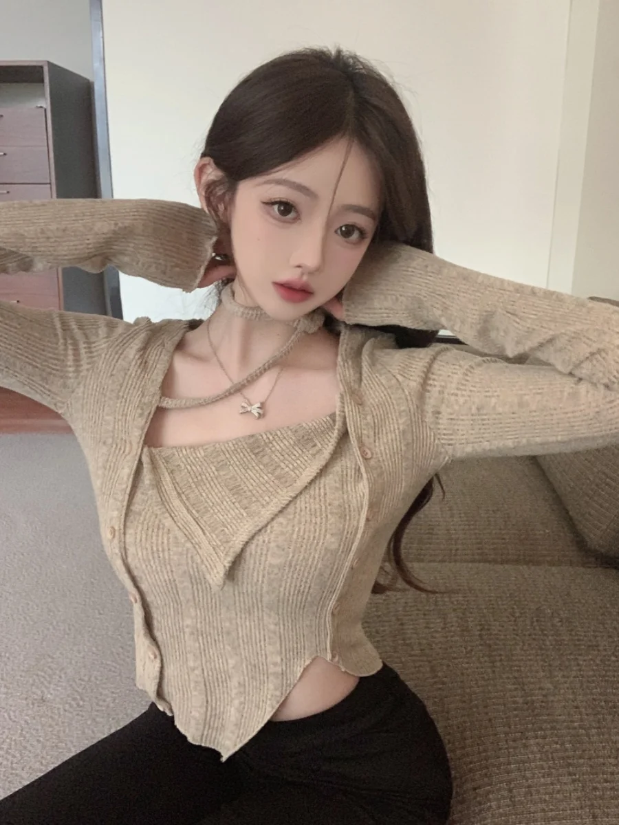 Blusa Feminina de Tricô Longa com Design Elegante e Moderno, Versão Coreana, Lançamento de Outono, Peça Única