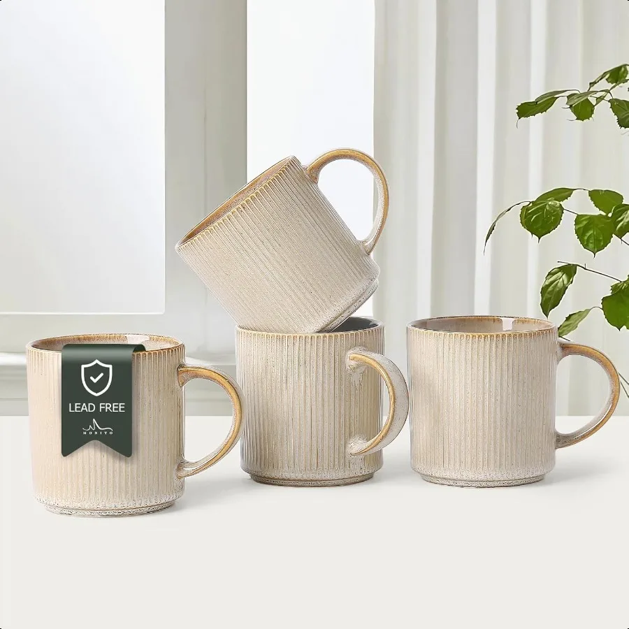 

MONITO 16Oz Coffee Mugs Set of 4 Rustic Ceramic Coffee Cups Set with Large Handle Striped Stoneware Coffee Mugs for Latte Coco