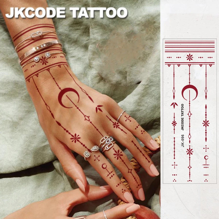Handtattoo - Minimalistisches Design Ramadan-Tattoo - Eid-Modeaccessoire - Handgemaltes Henna-Blatt-, Pflanzen- und Schmetterlingsmuster - Halbmond-Totem für Frauen - Langanhaltende wasserfeste