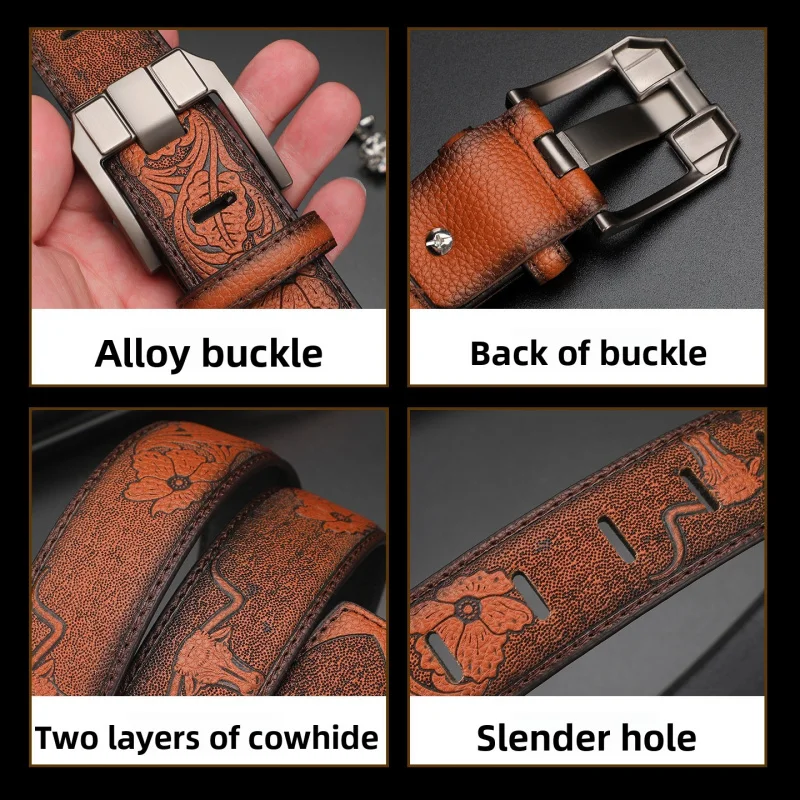 Men's Vintage Premium Belt - Black and Brown Leather Belts with Embossed Patterns, Featuring a Sturdy Square Alloy Buckle