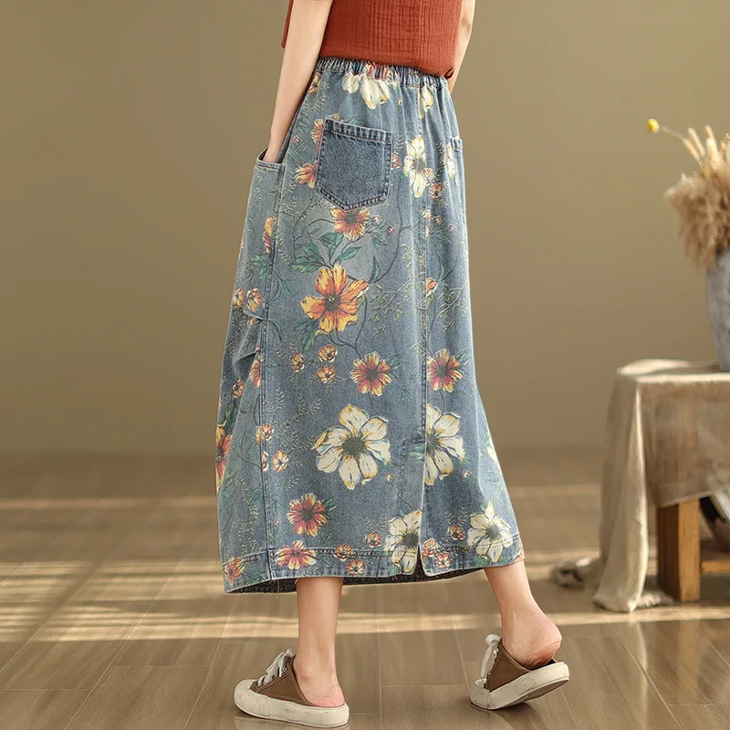 Hot Selling New Fashion Long  A-Line Elastic Waist Women Cowboy Print Flower Spring Summer Skirt