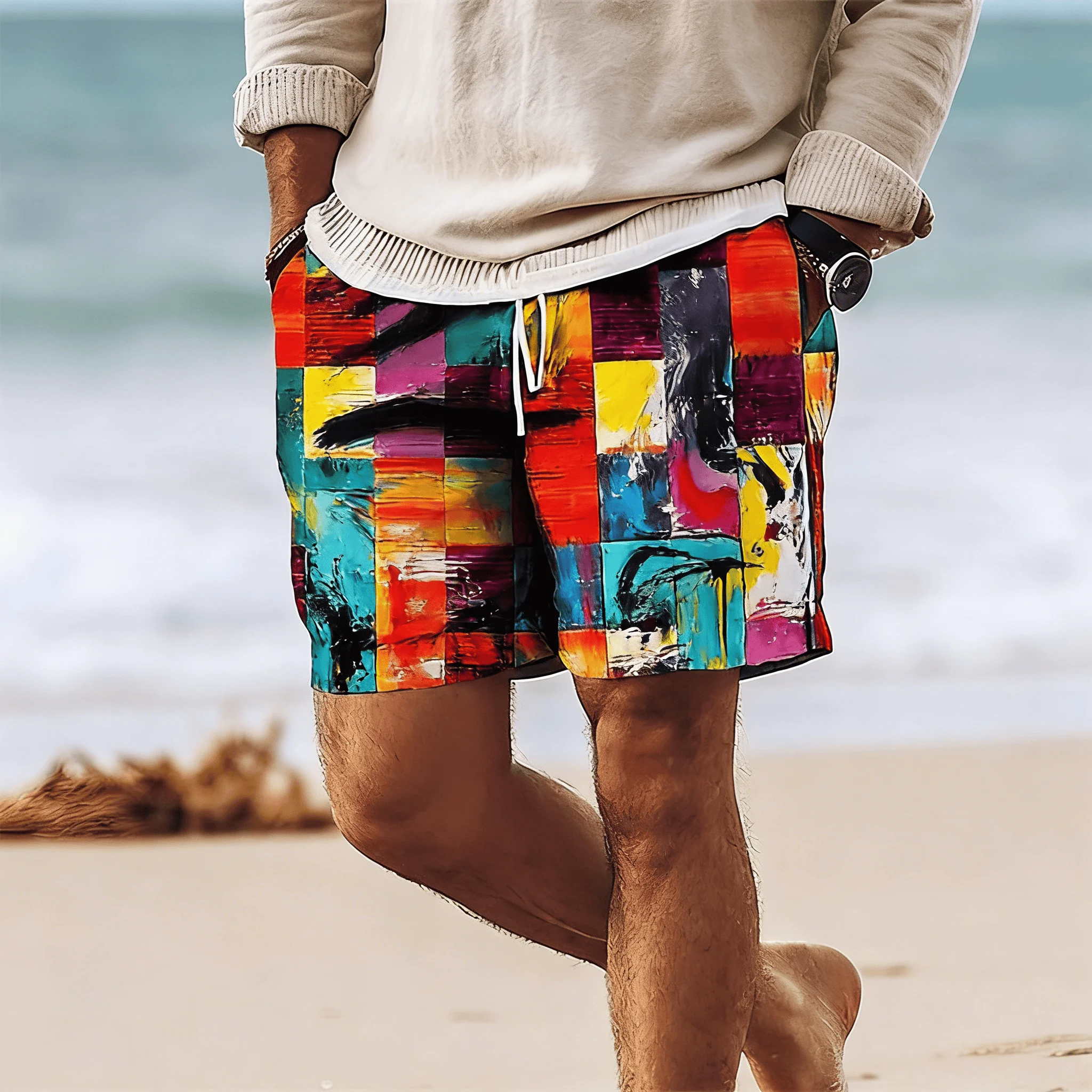 Men's 3D Print Tie-Dye Gradient Drawstring Shorts, Spring Summer Retro Vacation Casual Shorts, Pocket Beach Shorts