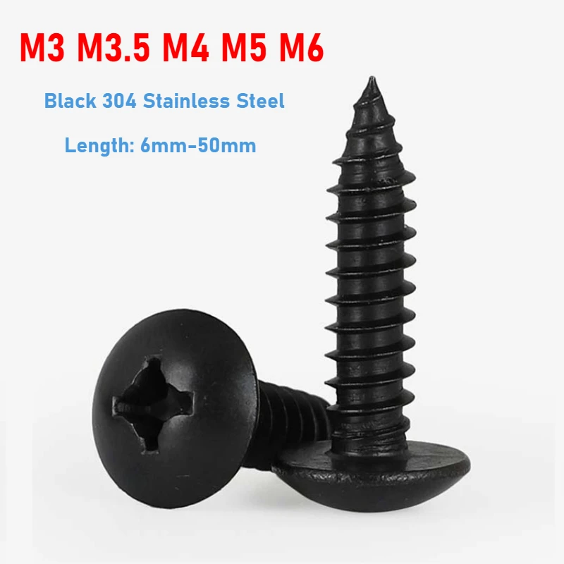 Black 304 Stainless Steel Phillips Recessed Truss Head Self-tapping Screw M3 M3.5 M4 M5 M6 Cross Mushroom Head Wood Screws