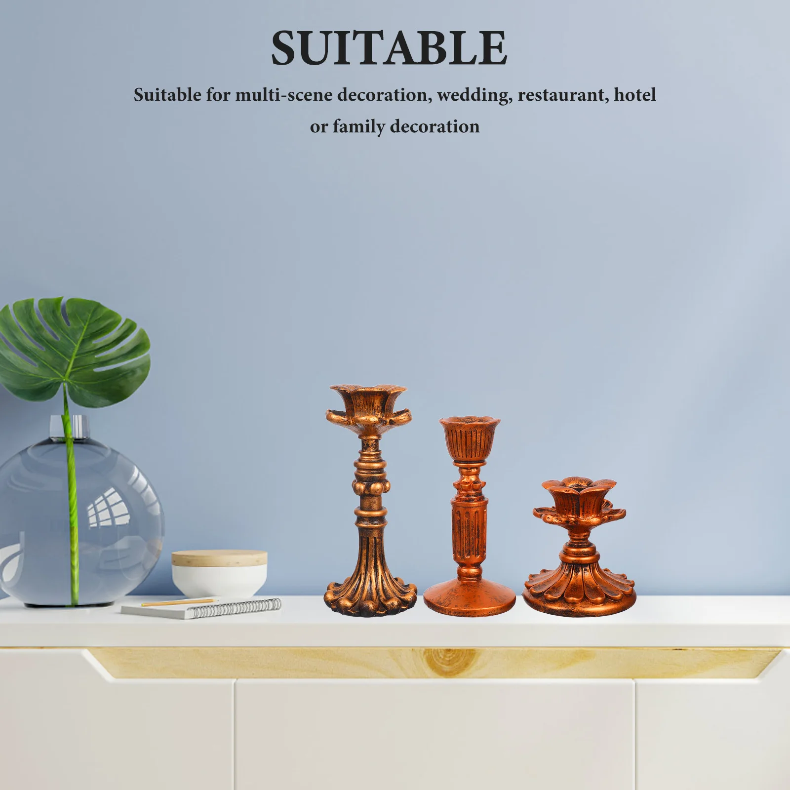 

3Pcs Vintage Candlesticks Rustic Resin Pedestal Taper Holder Wedding Table Centerpiece Fireplace Mantle Decor