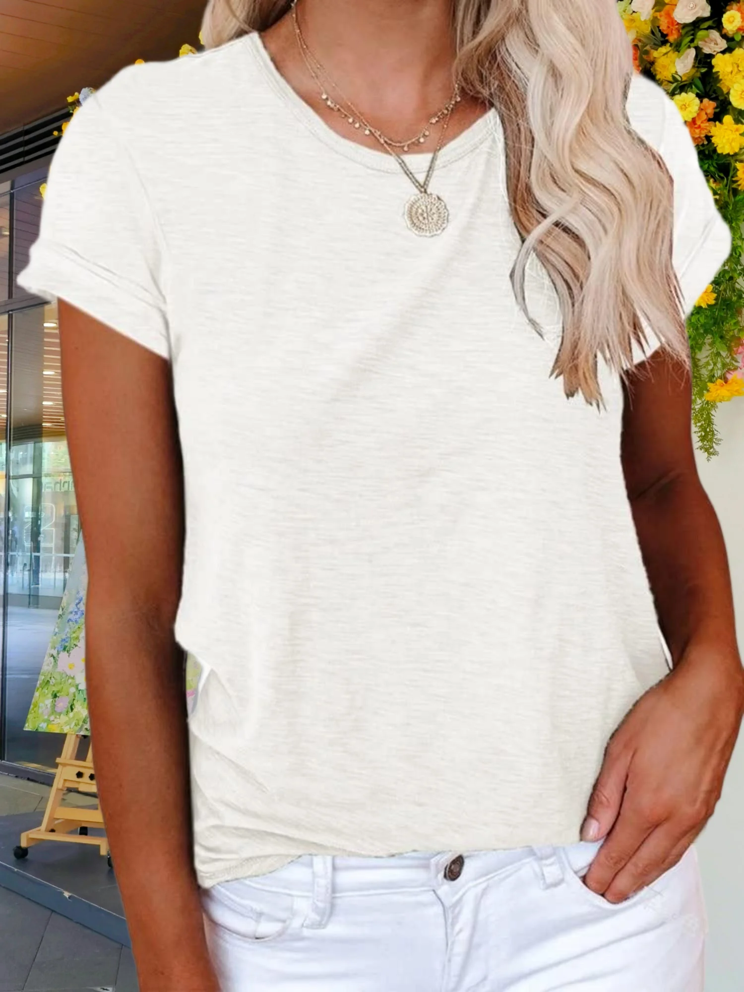 เสื้อเชิ้ตแขนสั้นคอกลมพื้นฐานสำหรับฤดูร้อนของผู้หญิง - ทรงหลวมและลำลอง