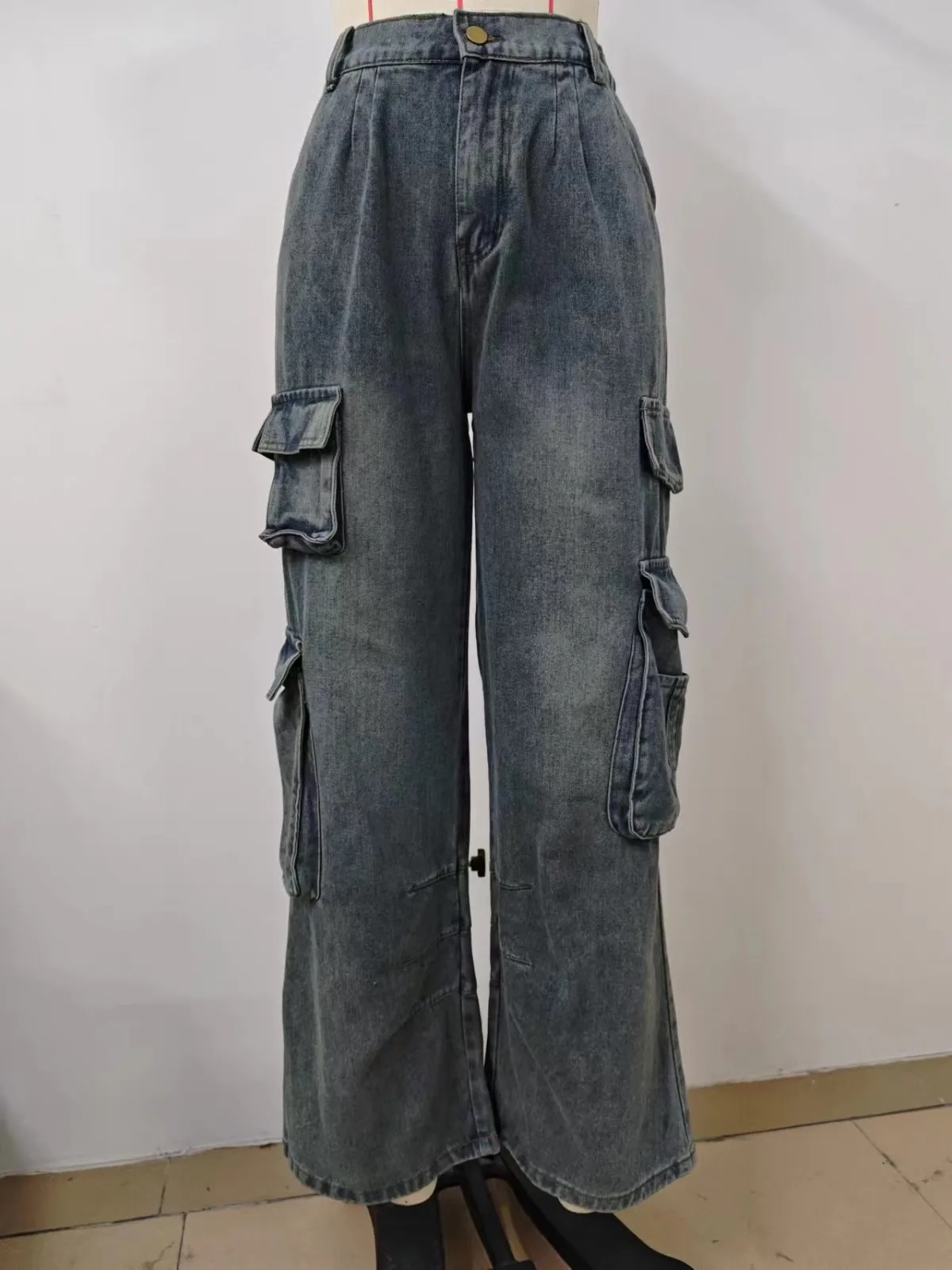 Nouveau printemps automne femme poche vêtements de travail Denim Cargo pantalons longs mode taille moyenne Vintage décontracté rue pantalon ample 2025