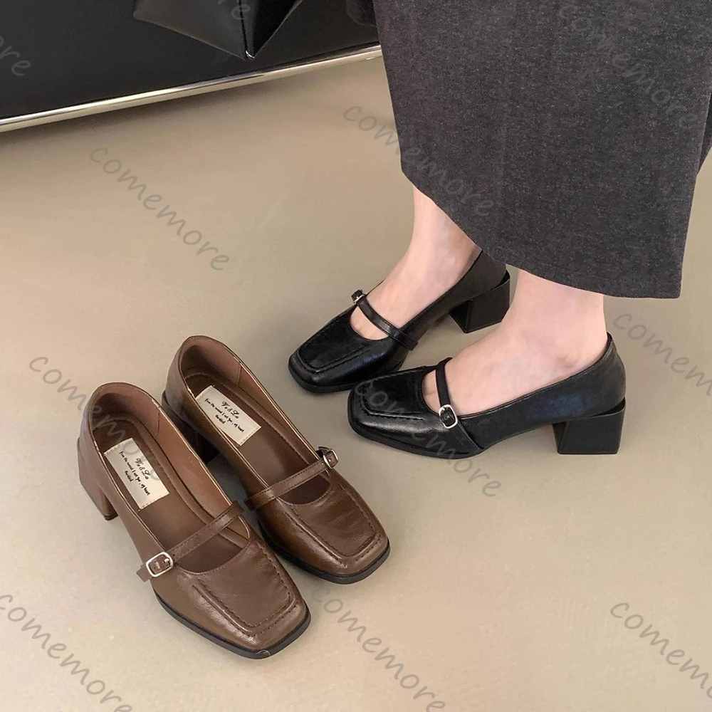 

Comemore Women's Retro Leather Pumps Square Toe Belt Buckle Elegant Spring Woman Heeled Shoes Solid Slip on Dress Women Heels
